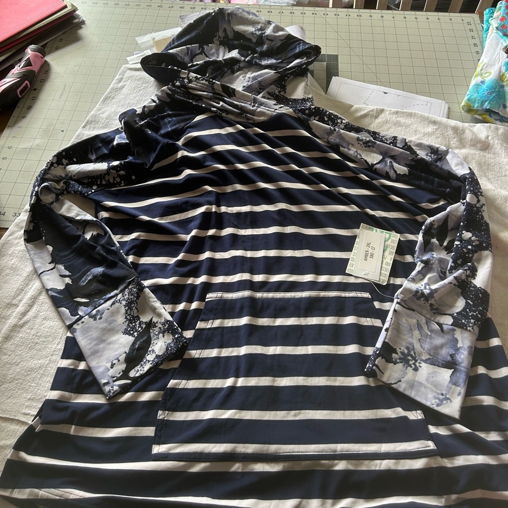 Navy Striped Hoodie with Floral Accents Lularoe amber poly 2xl